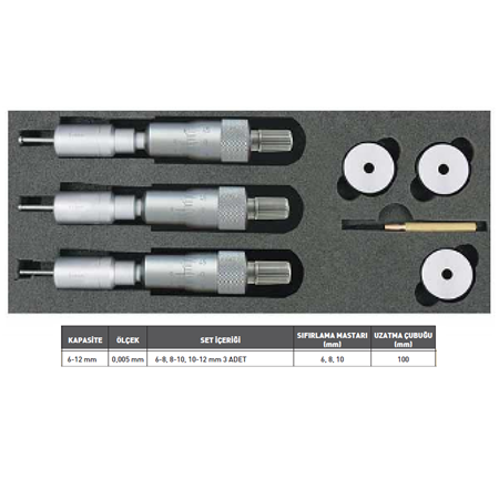 6-12 MM. İKİ VE ÜÇ NOKTA TEMASLI İÇ ÇAP MİKROMETRE SETİ MEKANİK MODEL  ASİMETO